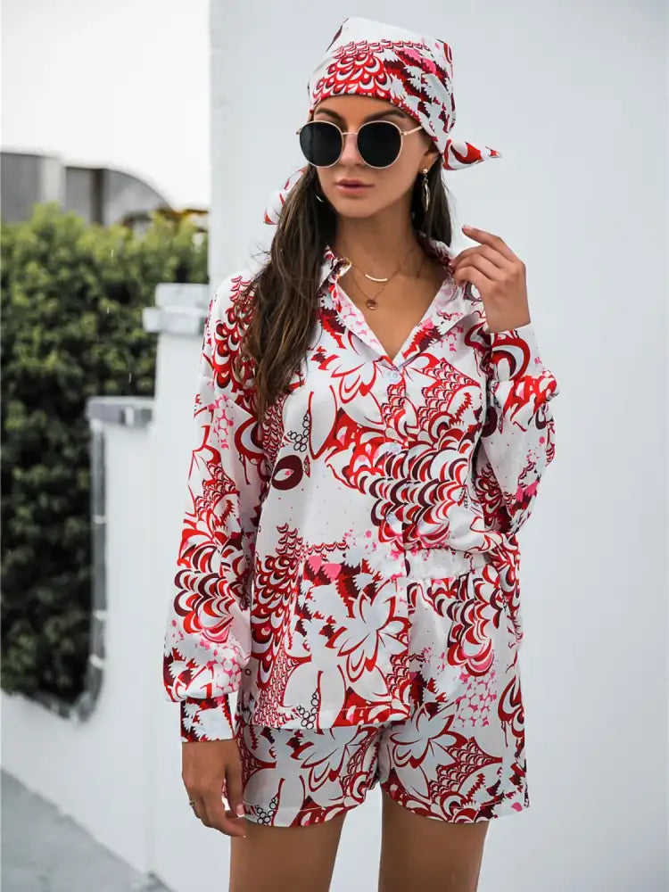 Printed Button Up Long Sleeve Shirt and Shorts Set