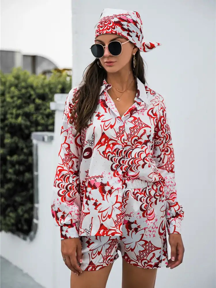 Printed Button Up Long Sleeve Shirt and Shorts Set