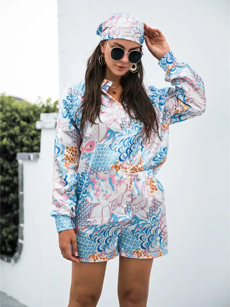 Printed Button Up Long Sleeve Shirt and Shorts Set
