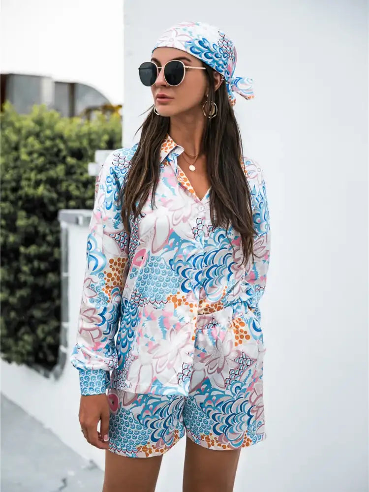 Printed Button Up Long Sleeve Shirt and Shorts Set
