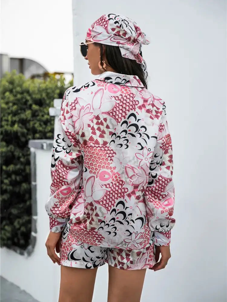 Printed Button Up Long Sleeve Shirt and Shorts Set