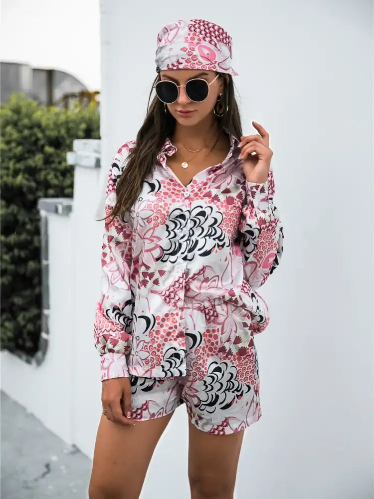 Printed Button Up Long Sleeve Shirt and Shorts Set