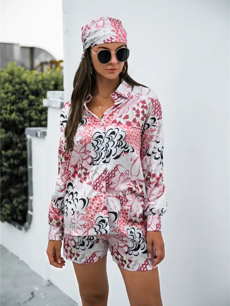 Printed Button Up Long Sleeve Shirt and Shorts Set