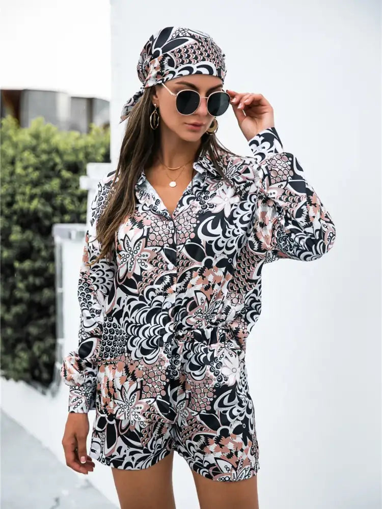 Printed Button Up Long Sleeve Shirt and Shorts Set