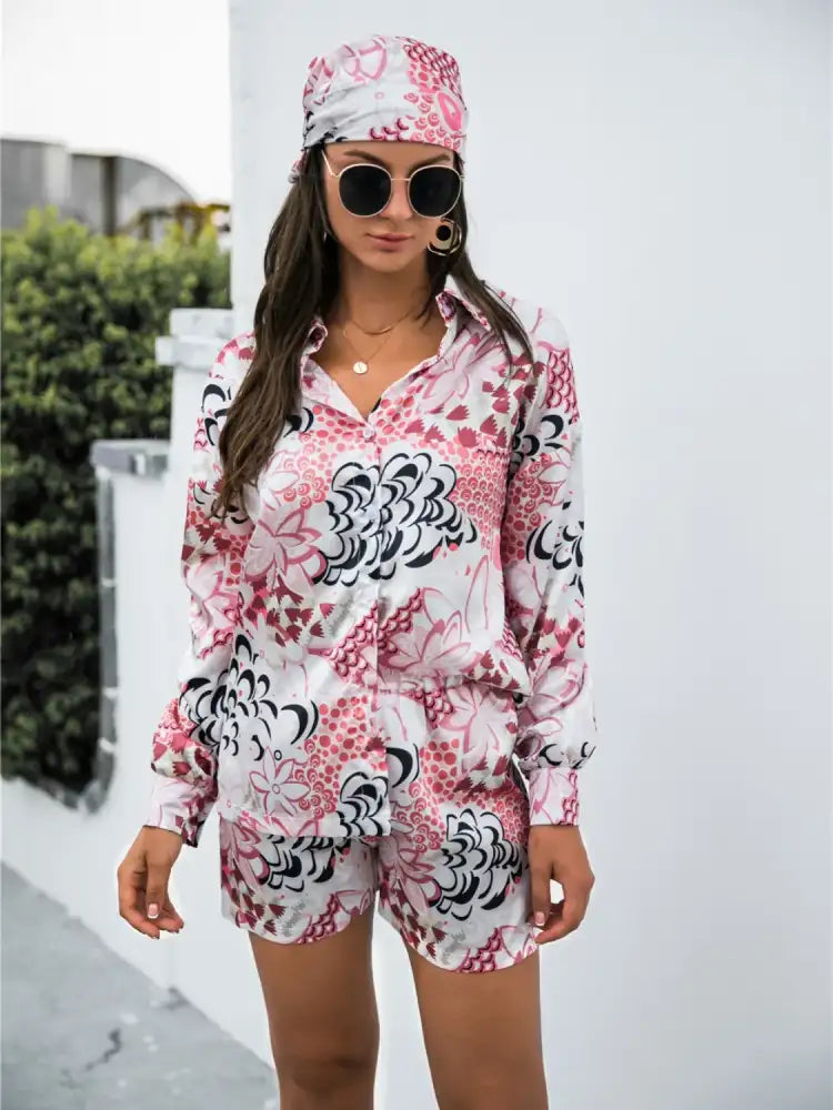 Printed Button Up Long Sleeve Shirt and Shorts Set