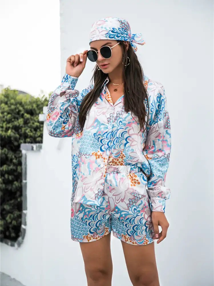 Printed Button Up Long Sleeve Shirt and Shorts Set