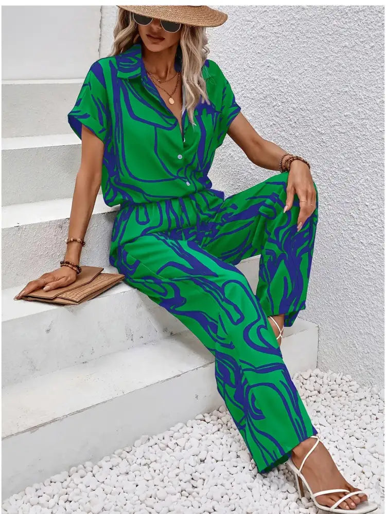 Printed Button Up Shirt and Pants Set