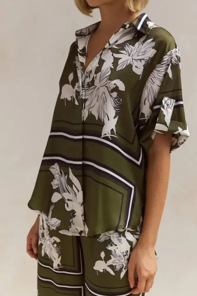 Printed Button Up Shirt and Pants Set