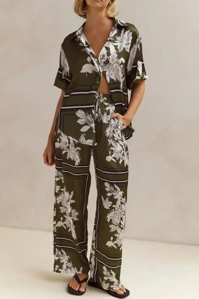 Printed Button Up Shirt and Pants Set