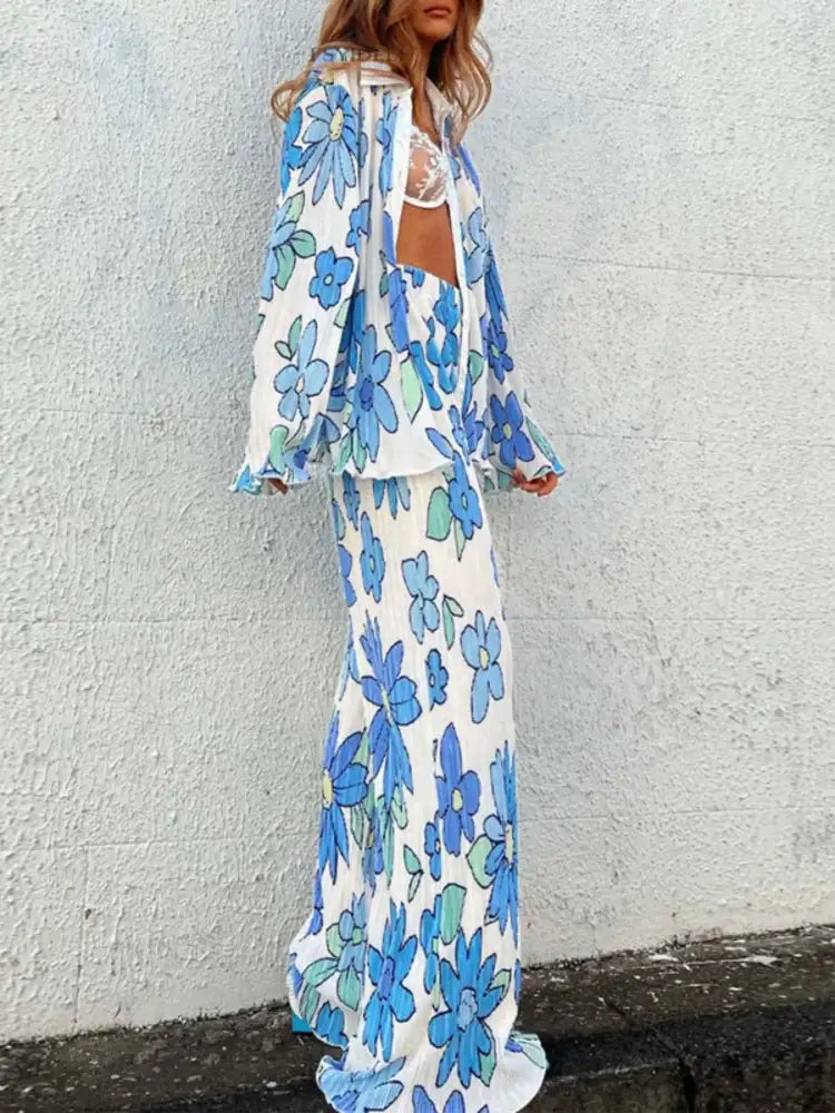 Printed Button Up Shirt and Pants Set