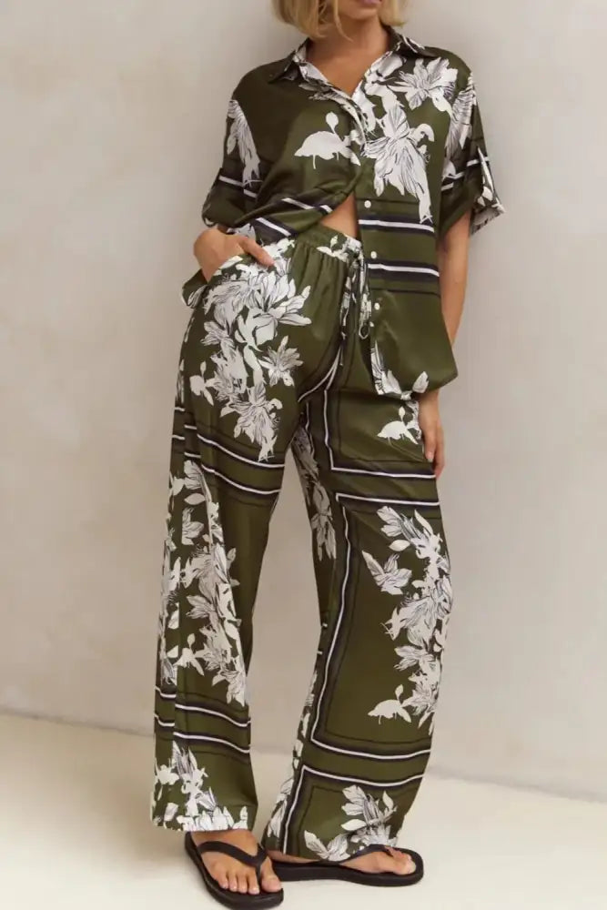 Printed Button Up Shirt and Pants Set