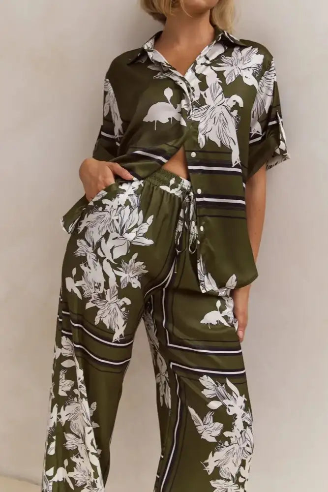 Printed Button Up Shirt and Pants Set