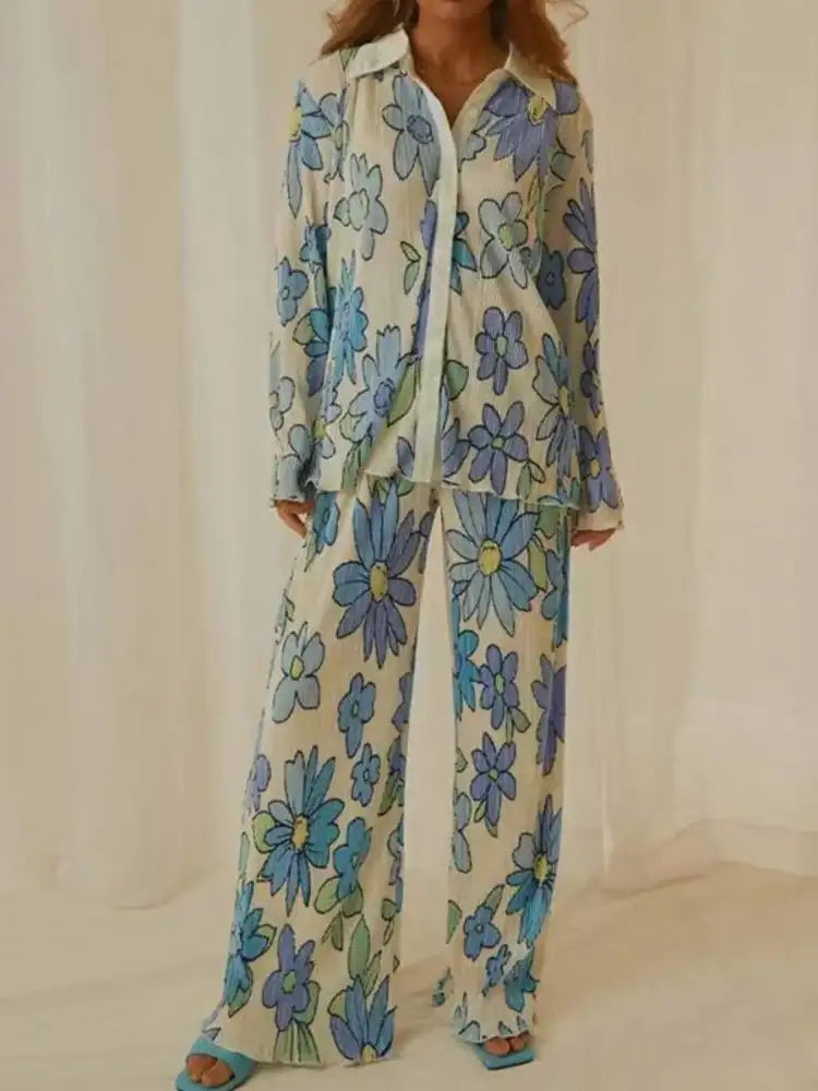 Printed Button Up Shirt and Pants Set