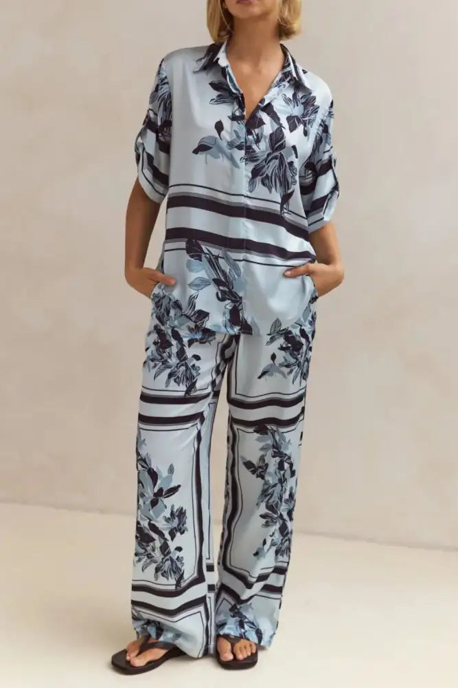 Printed Button Up Shirt and Pants Set
