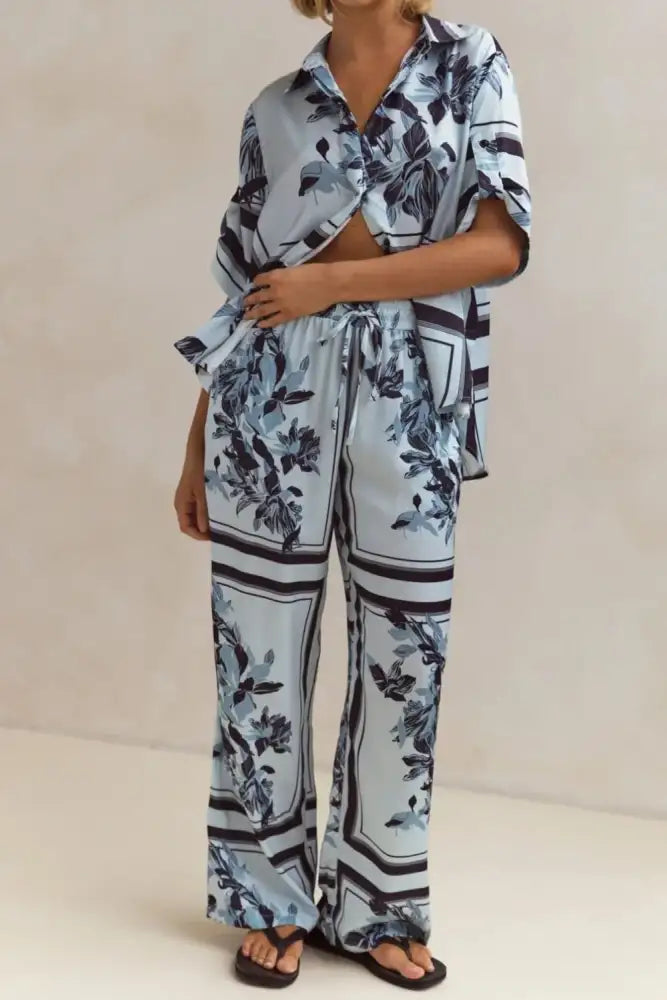 Printed Button Up Shirt and Pants Set