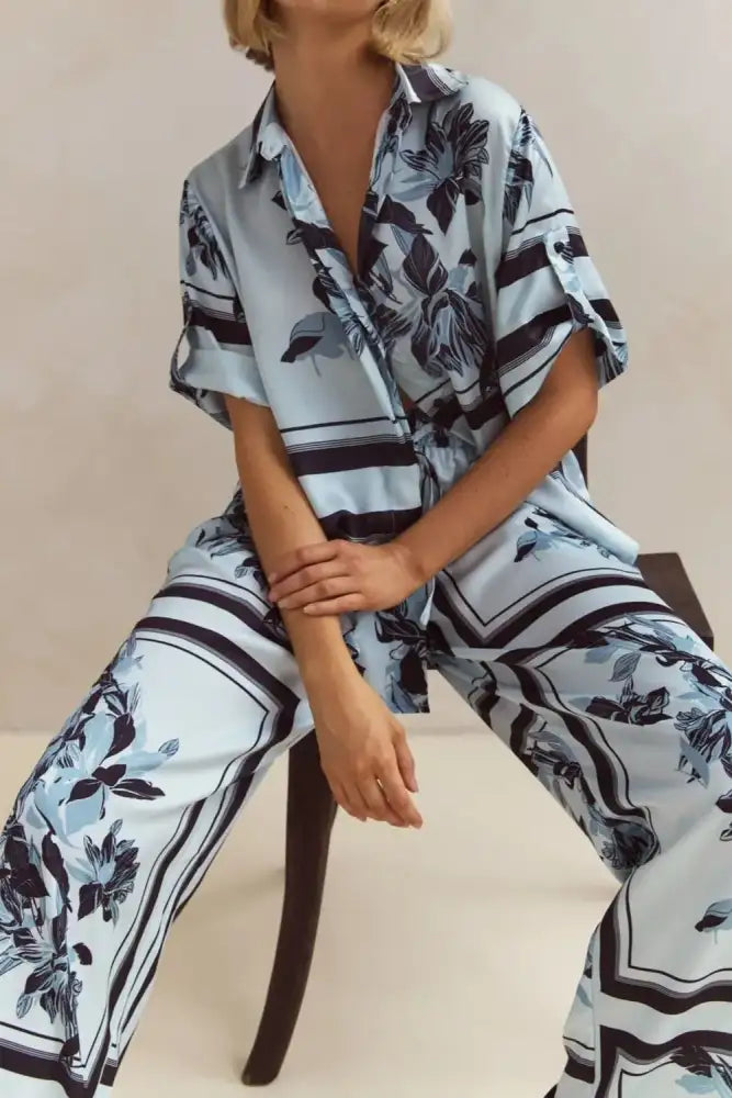 Printed Button Up Shirt and Pants Set