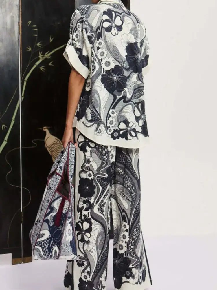 Printed Button Up Shirt and Pants Set