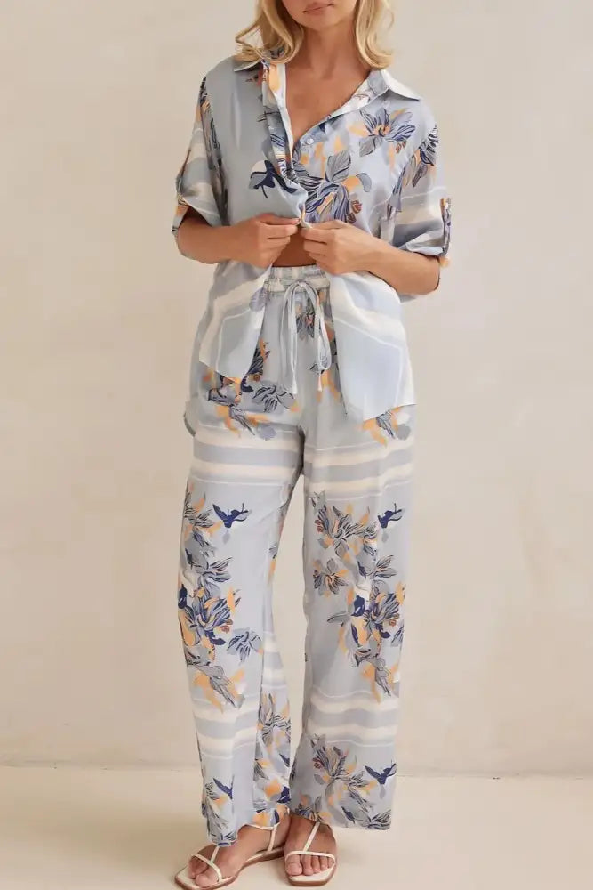 Printed Button Up Shirt and Pants Set