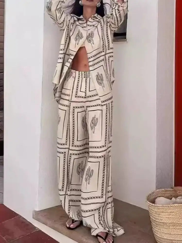 Printed Button Up Shirt and Pants Set