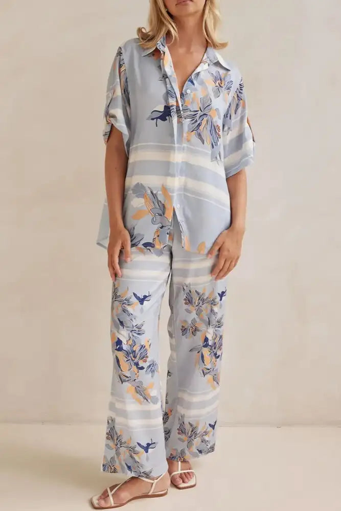 Printed Button Up Shirt and Pants Set