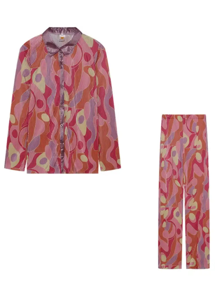 Printed Button Up Shirt and Pants Set