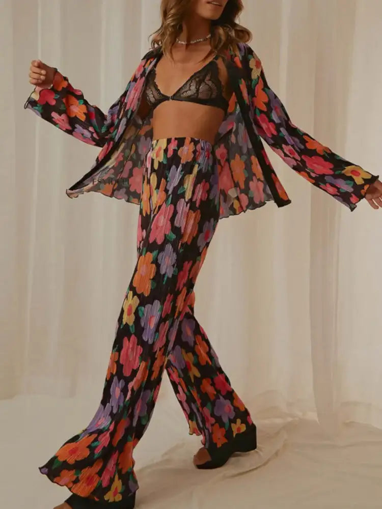 Printed Button Up Shirt and Pants Set