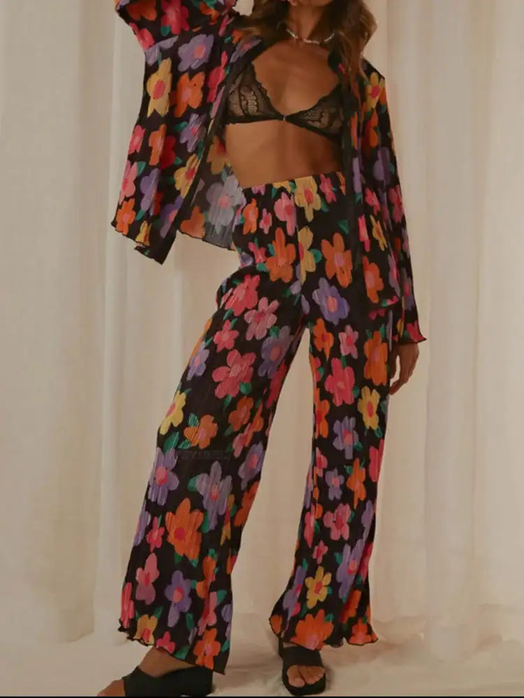 Printed Button Up Shirt and Pants Set