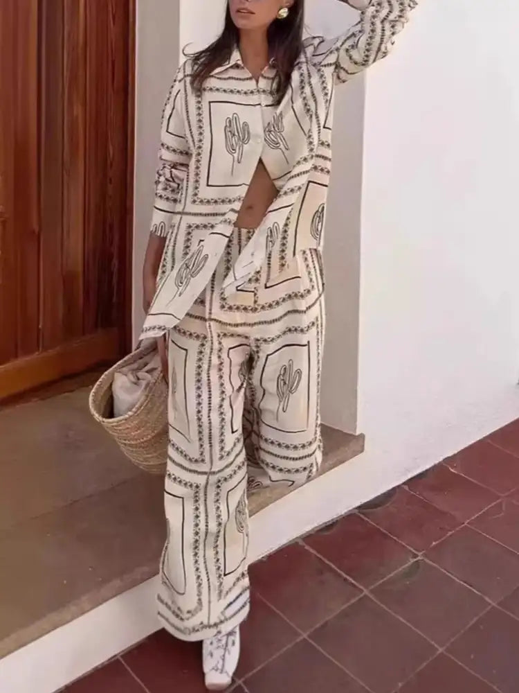 Printed Button Up Shirt and Pants Set