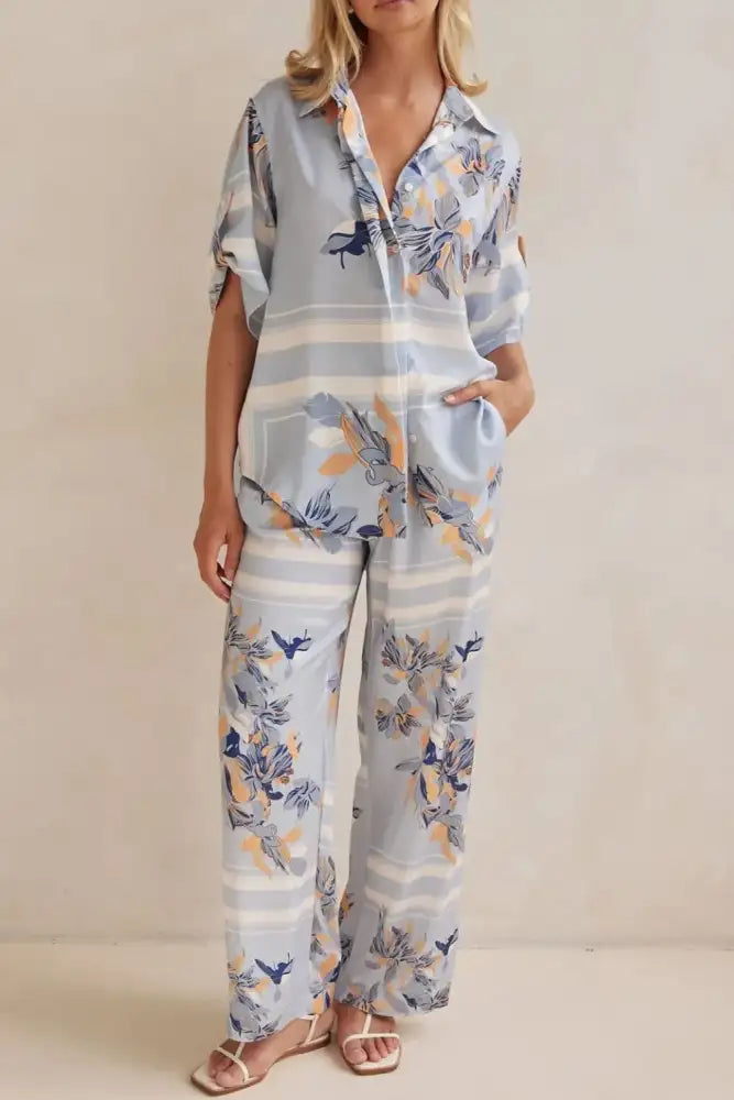 Printed Button Up Shirt and Pants Set