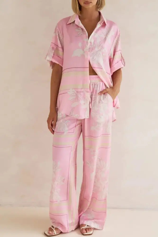 Printed Button Up Shirt and Pants Set