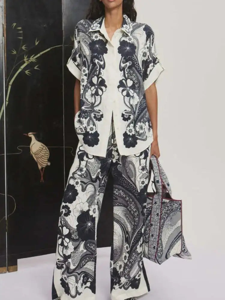 Printed Button Up Shirt and Pants Set