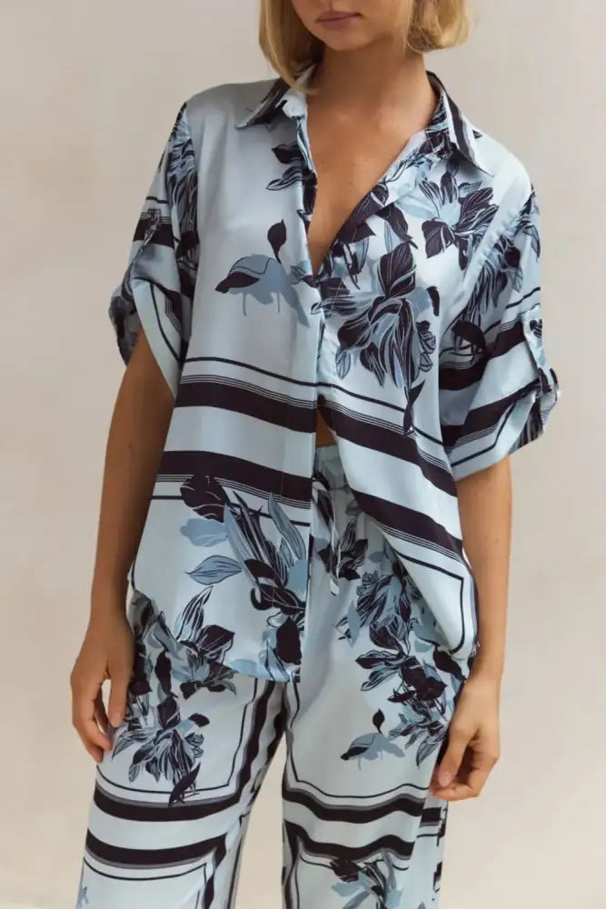 Printed Button Up Shirt and Pants Set