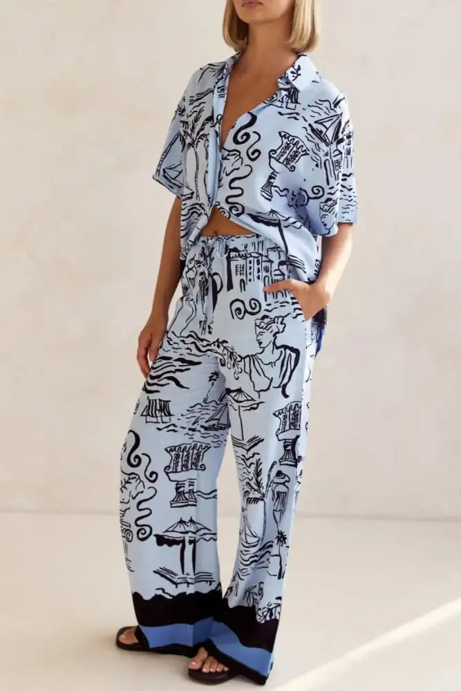 Printed Button Up Shirt and Pants Set Plus Size