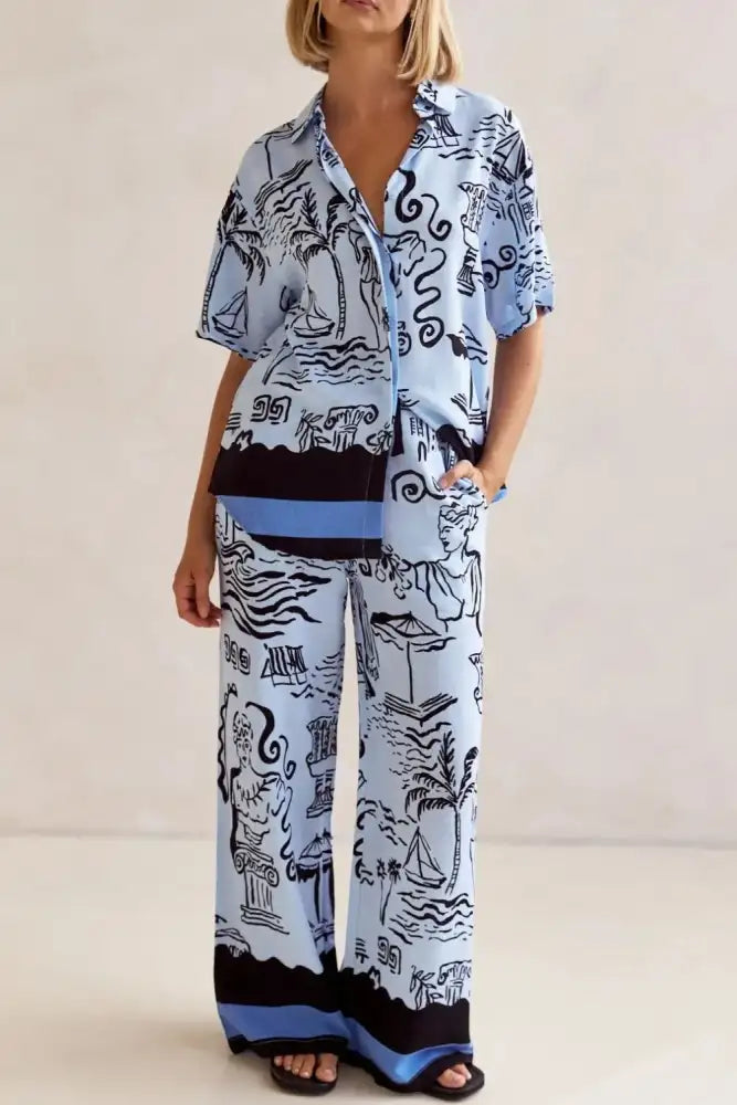 Printed Button Up Shirt and Pants Set Plus Size