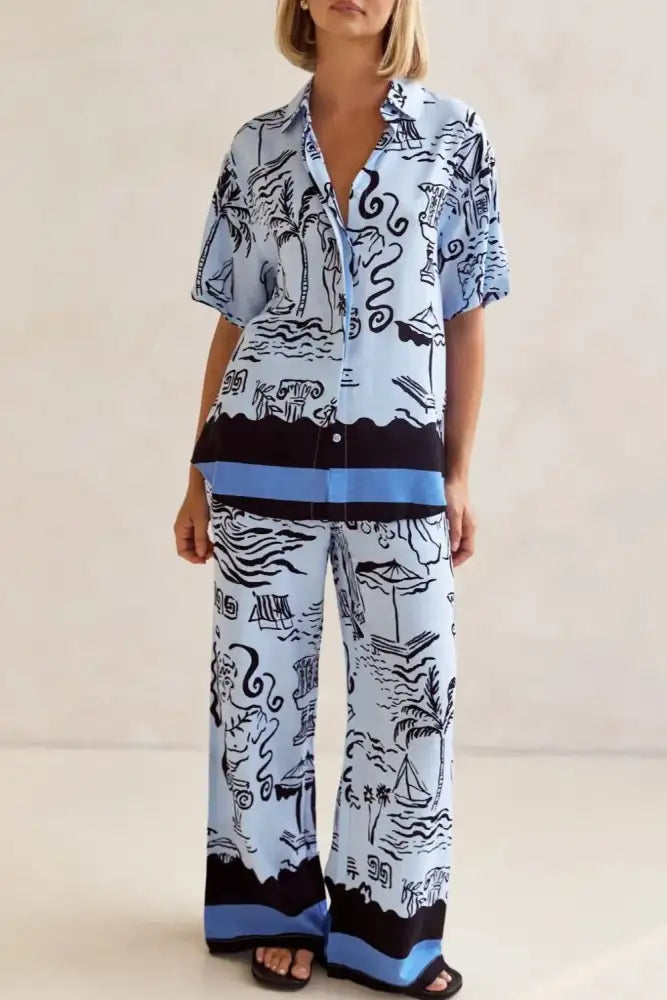 Printed Button Up Shirt and Pants Set Plus Size