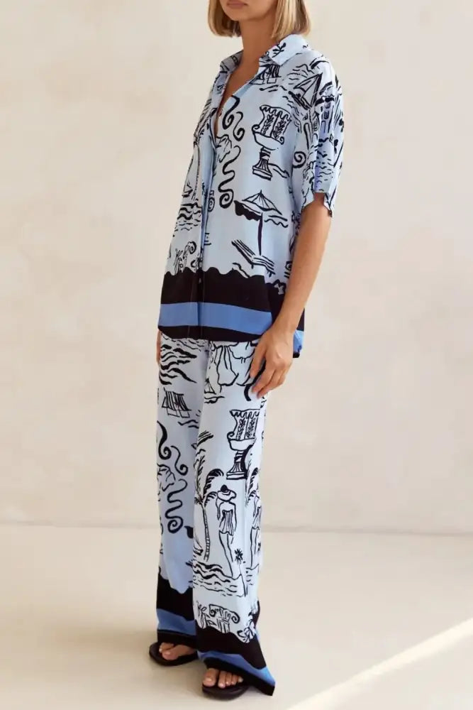 Printed Button Up Shirt and Pants Set Plus Size