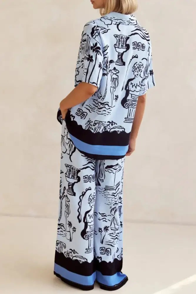 Printed Button Up Shirt and Pants Set Plus Size