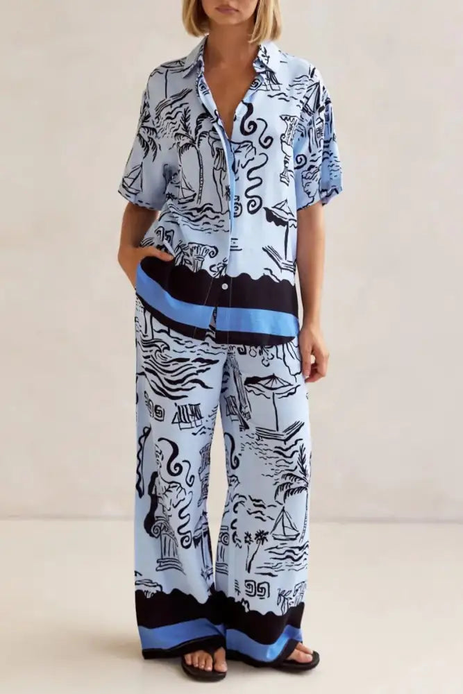 Printed Button Up Shirt and Pants Set Plus Size