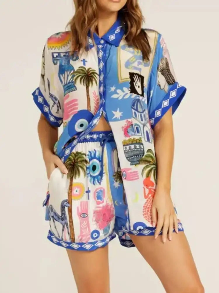 Printed Button Up Shirt and Shorts Set
