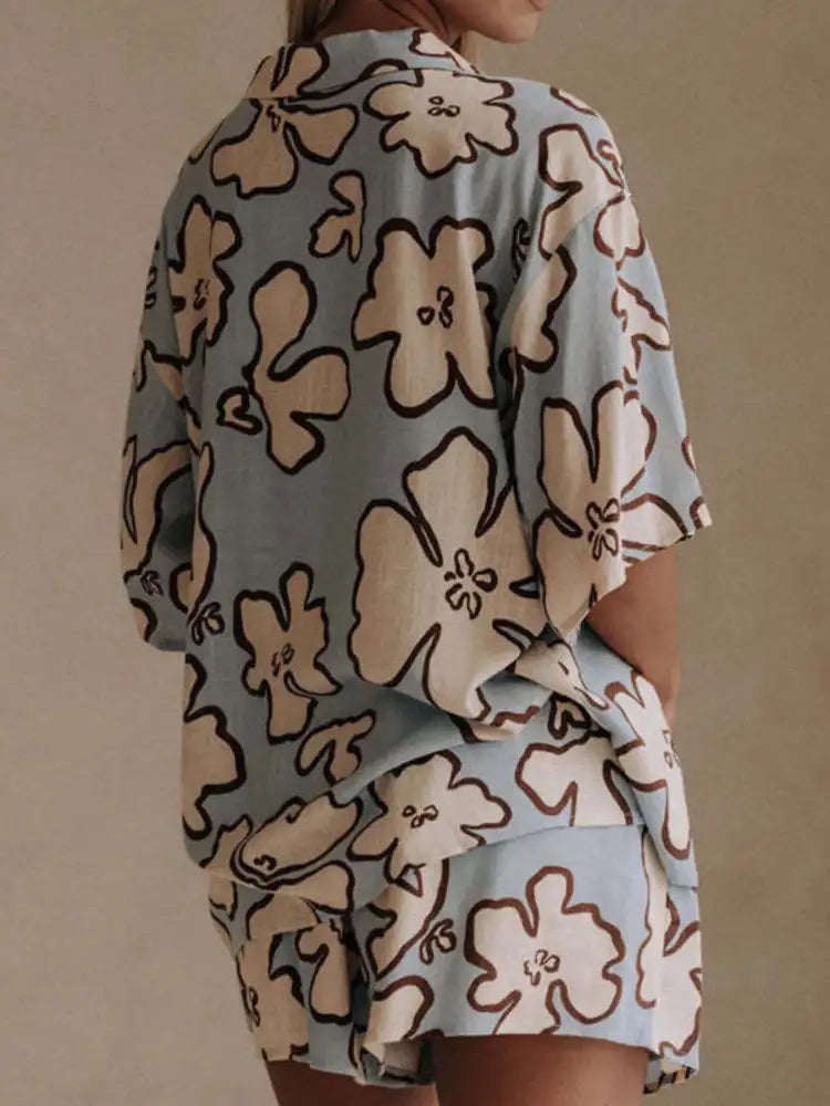 Printed Button Up Shirt and Shorts Set