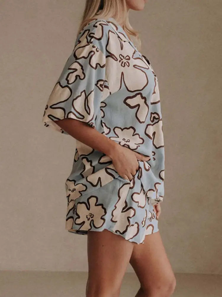 Printed Button Up Shirt and Shorts Set