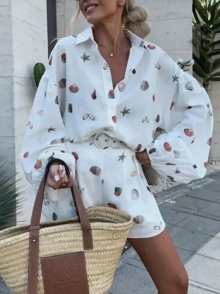 Printed Button Up Shirt and Shorts Set