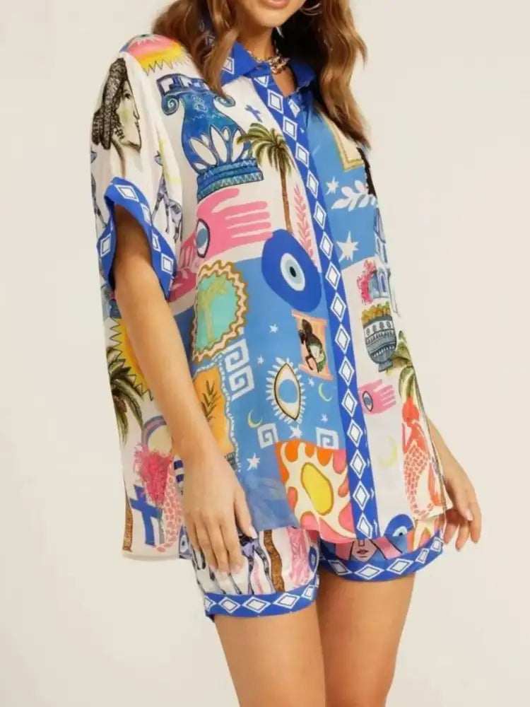 Printed Button Up Shirt and Shorts Set