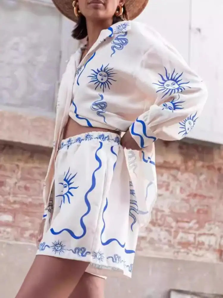 Printed Button Up Shirt and Shorts Set