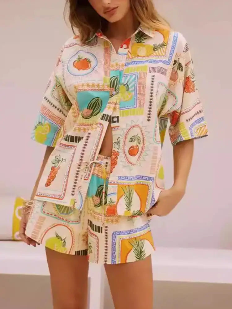 Printed Button Up Shirt and Shorts Set