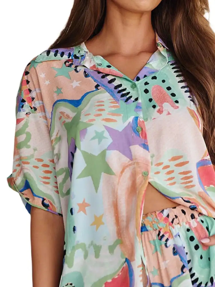 Printed Button Up Shirt and Shorts Set