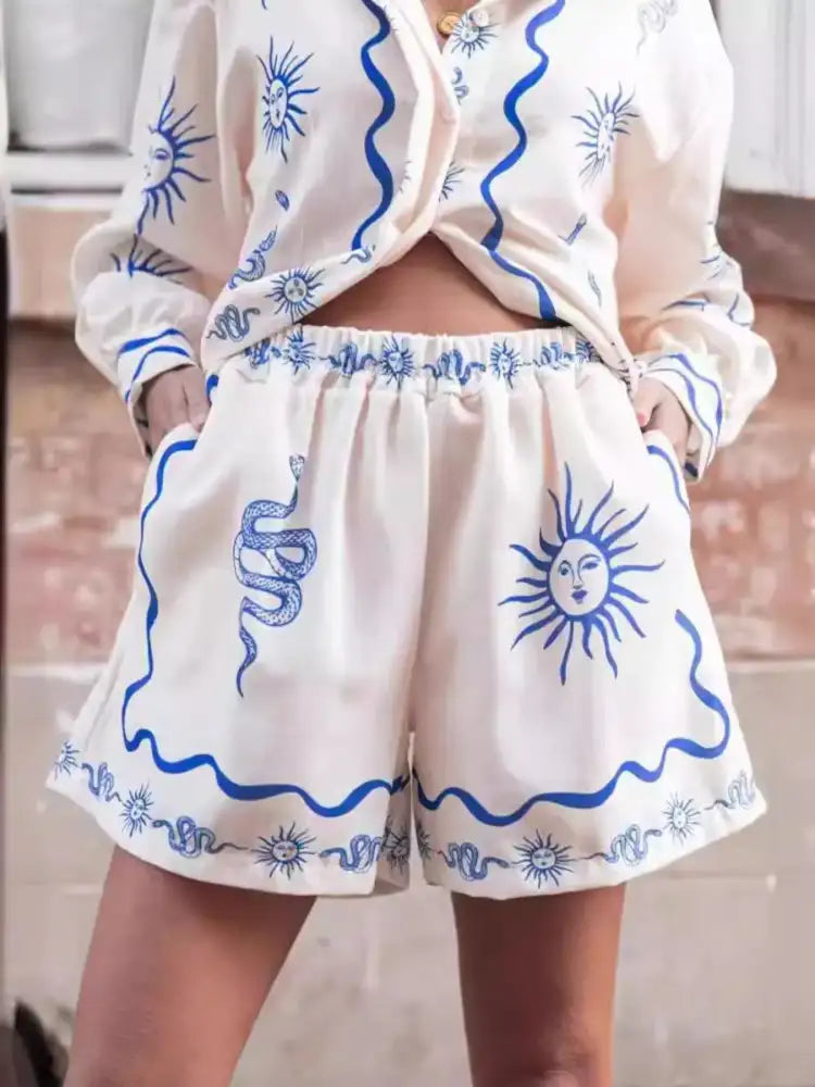 Printed Button Up Shirt and Shorts Set