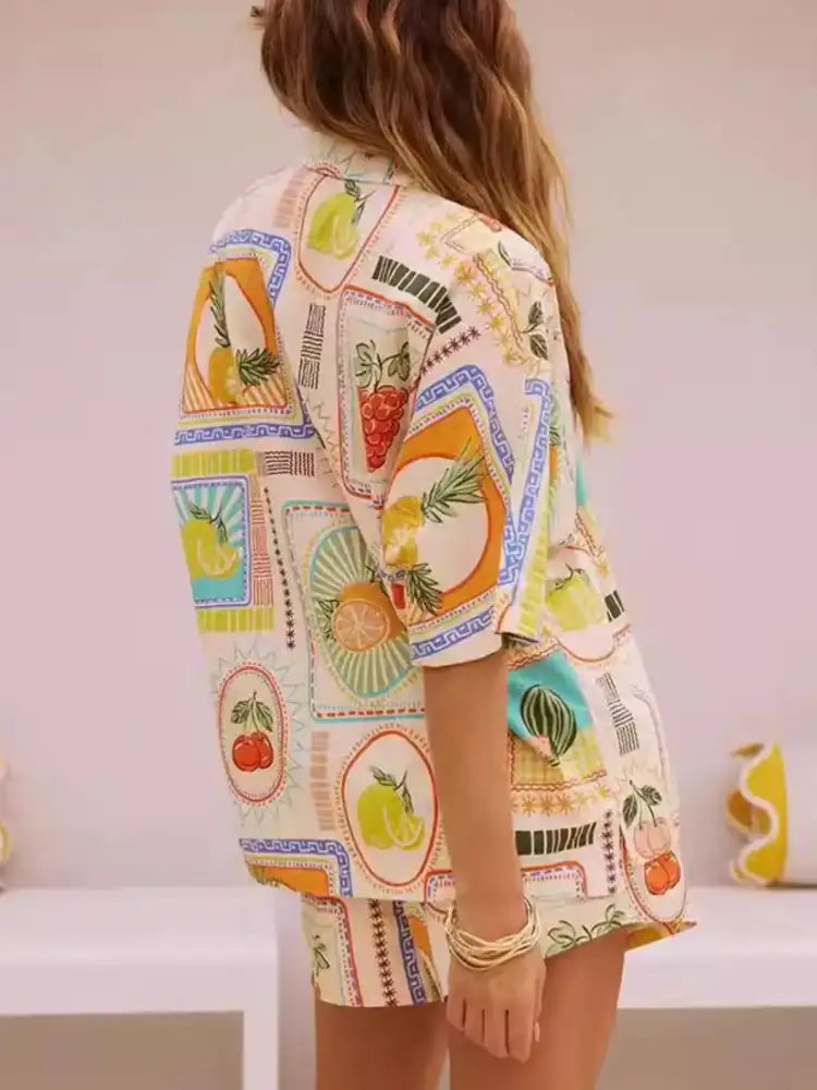 Printed Button Up Shirt and Shorts Set