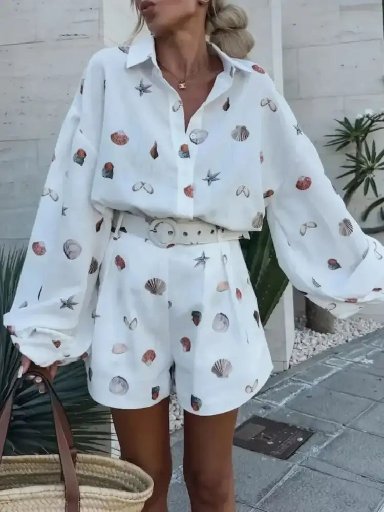 Printed Button Up Shirt and Shorts Set