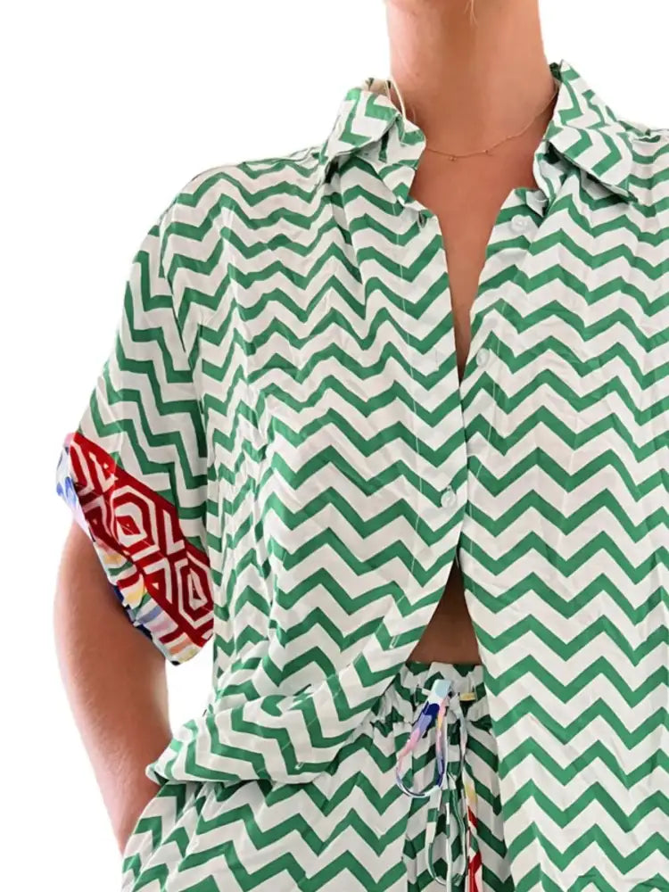 Printed Button Up Shirt and Shorts Set